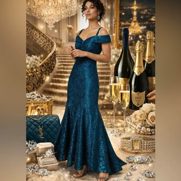 R&M Richards Peacock Blue Lace Off Shoulder Gown 10 NWT Formal Mermaid Dress - Picture 2 of 5